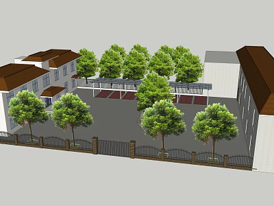 Lush Green Trees In Residential Courtyard Landscape Design With Fence And Building 3d model