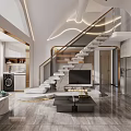 Modern Duplex Living Room Interior With Beige Sofa Geometric Wall And Natural Light