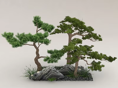 Lush Hanging Basket Plants Decorate Outdoor Space With Pine Trees Stones And Grass 3d model