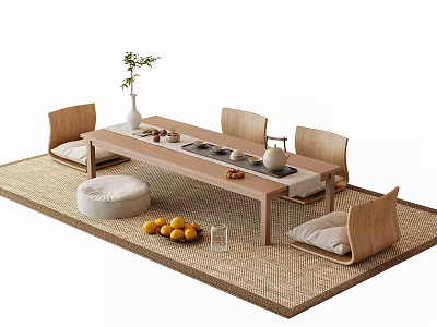 Natural Interior Tea Table And Chairs With Tea Set Vase Plant Cushions On Woven Rug 3d model