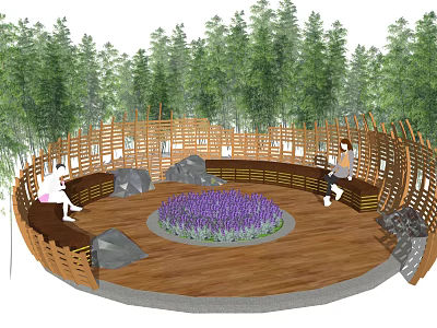 Outdoor Relaxing Chairs In Circular Wooden Setting With Lavender Patch Bamboo Forest Background And Rocks 3d model
