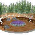 Outdoor Relaxing Chairs In Circular Wooden Setting With Lavender Patch Bamboo Forest Background And Rocks