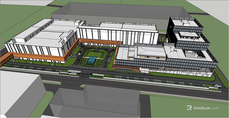 Modern Campus Building Complex With Central Courtyard Green Space And Roads 3d model 