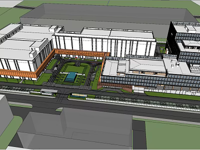 Modern Campus Building Complex With Central Courtyard Green Space And Roads 3d model