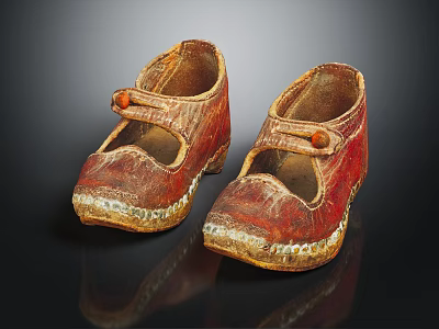 Vintage Red Leather Shoes with Buckle Strap Design and Worn Soles on Black Background 3d model