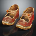 Vintage Red Leather Shoes with Buckle Strap Design and Worn Soles on Black Background
