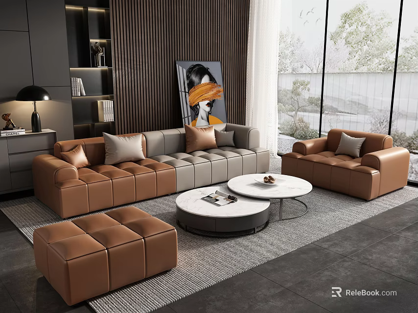 Modern Sofa and Coffee Table Set with Brown Gray Sectional Ottoman Round Table Large Windows 3d model