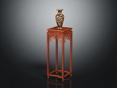 Carved Mahogany Flower Stand With Golden Patterned Vase On Top 3d model