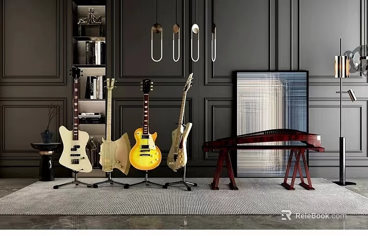 Elegant Display Of Acoustic Guitars Chinese Zither And Art Painting In Modern Room 3d model 