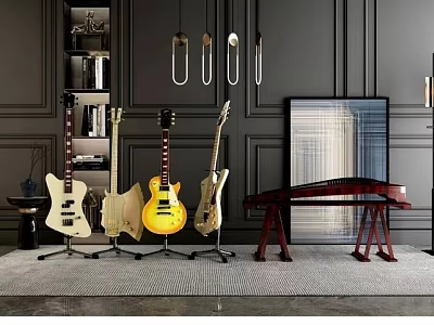 Elegant Display Of Acoustic Guitars Chinese Zither And Art Painting In Modern Room 3d model