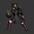 3D Model Young Girl In Metallic Armor Holding Large Hammer With Pigtails And Red Boots