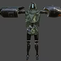 Game Movie Character With Green Hooded Cloak Glowing Eyes And Mechanical Arms With Triangle Symbol