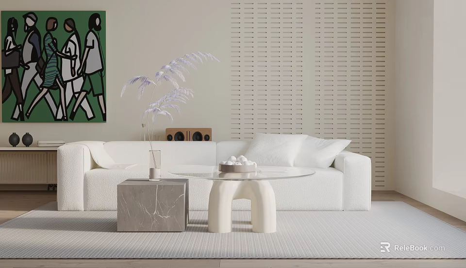 Modern White Three Seater Sofa Living Room With Decorative Artwork Coffee Table And Rug 3d model 