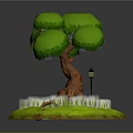 Cartoon Tree Scene Component with Green Canopy Brown Trunk Blue Mushrooms Lamp Post and Grass