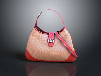 Stylish Beige Mesh Handbag With Pink Handle Shoulder Strap Red Base And G Logo 3d model