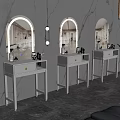 Modern White Vanity Tables with Arched Mirrors Pendant Lights and Bottles on Marble Wall Background