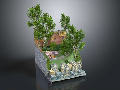 Cartoon Scene Featuring Lush Trees Small House Wooden Shed Rocks And Green Grass 3d model