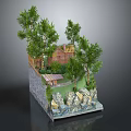 Cartoon Scene Featuring Lush Trees Small House Wooden Shed Rocks And Green Grass
