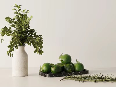 White Decorative Vase With Fresh Green Foliage And Green Fruits On Tray With Rosemary Sprigs 3d model