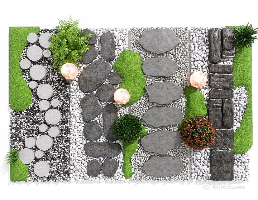 Garden Stepping Stones Path With Natural Stone Slabs Green Plants And Decorative Lights 3d model 