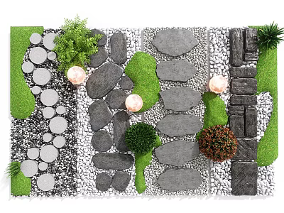 Garden Stepping Stones Path With Natural Stone Slabs Green Plants And Decorative Lights 3d model