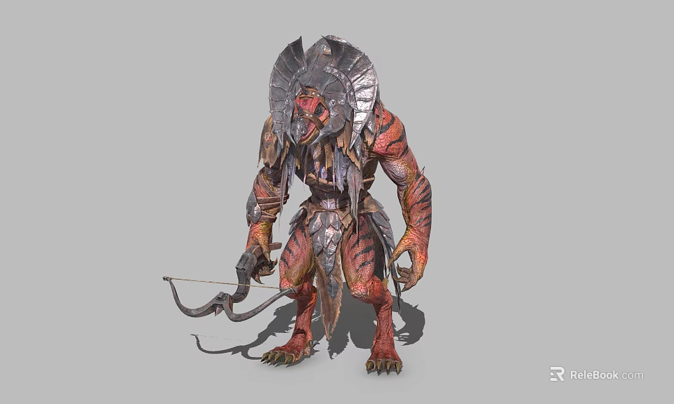 Lizard Warrior Creature In Spiked Metal Armor With Bow And Red Orange Scales 3d model 