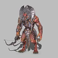 Lizard Warrior Creature In Spiked Metal Armor With Bow And Red Orange Scales