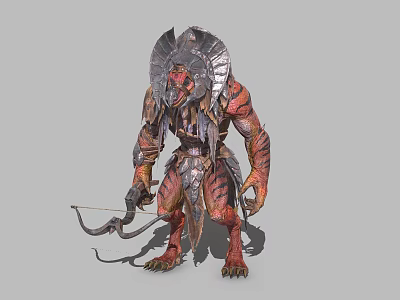 Lizard Warrior Creature In Spiked Metal Armor With Bow And Red Orange Scales 3d model