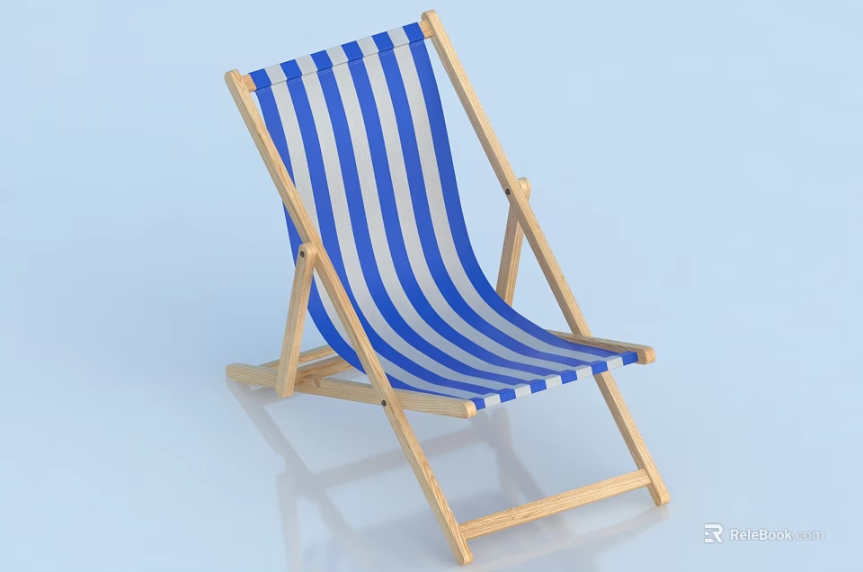 Blue And White Striped Lounge Chair With Wooden Frame For Outdoor Use 3d model 
