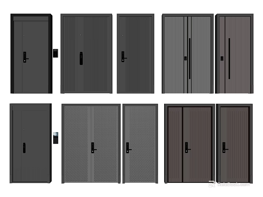 Modern Security Doors In Various Panel Designs And Secure Lock Systems 3d model