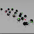 Small Black Furry Creatures With Eyes And Legs Holding Colorful Objects On Gray Reflective Surface