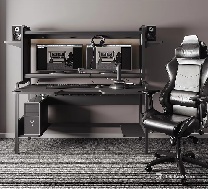 Modern Gaming Desk With Dual Monitors Ergonomic Chair Headphones Speakers And Computer Tower 3d model 