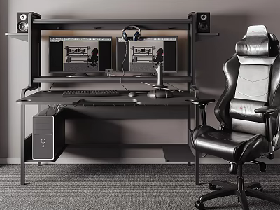 Modern Gaming Desk With Dual Monitors Ergonomic Chair Headphones Speakers And Computer Tower 3d model