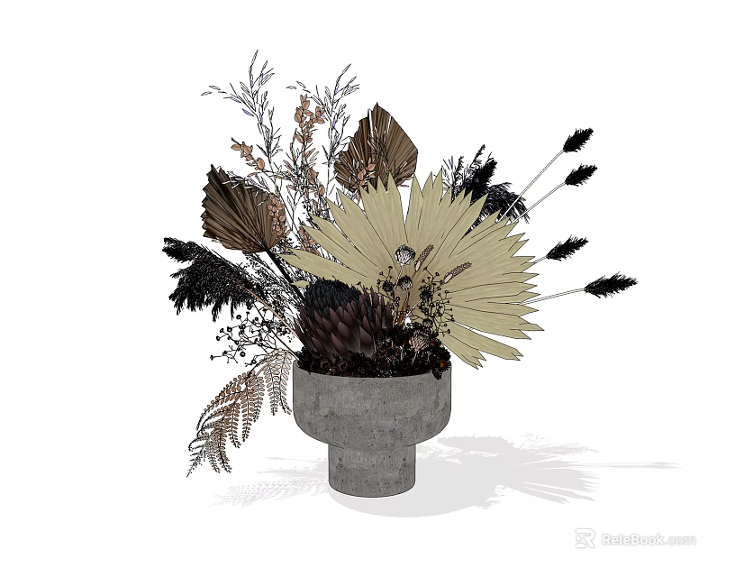 Natural Dried Flower Arrangement In Concrete Vase With Ferns Plumes And Leaves 3d model 