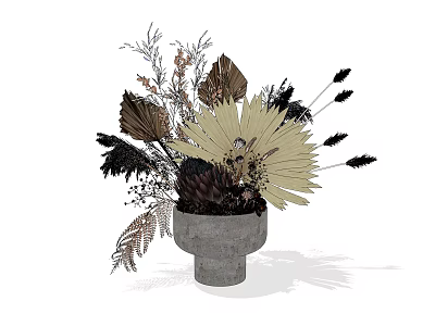 Natural Dried Flower Arrangement In Concrete Vase With Ferns Plumes And Leaves 3d model