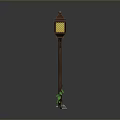 Medieval Street Lamp With Hanging Lantern And Blue Banners On Stone Pavement