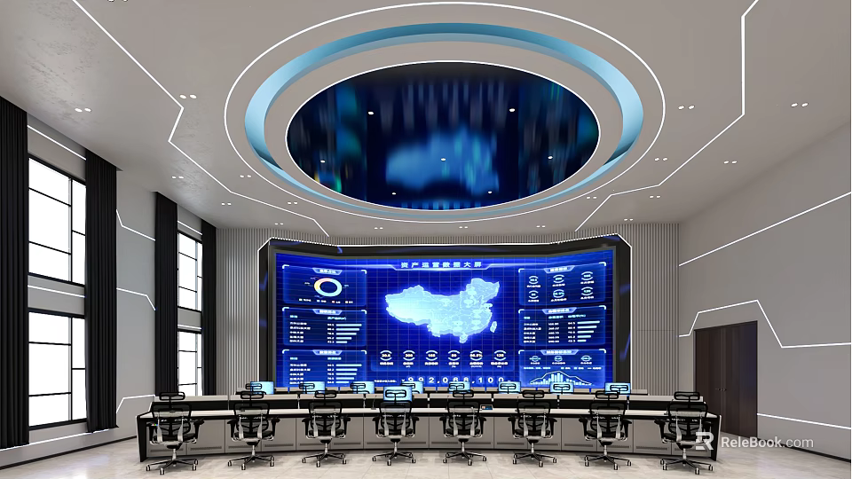 Modern Office Interior With Large Control Screen China Map Data Charts Desks And Office Chairs 3d model 