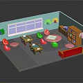 Modern Indoor Activity Space With Board Game Tables Colorful Seats Window Bookshelf And Plants