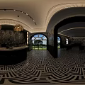 Hotel Lobby With Tropical Plant Murals Black White Geometric Flooring Green Banquette And Pendant Lights