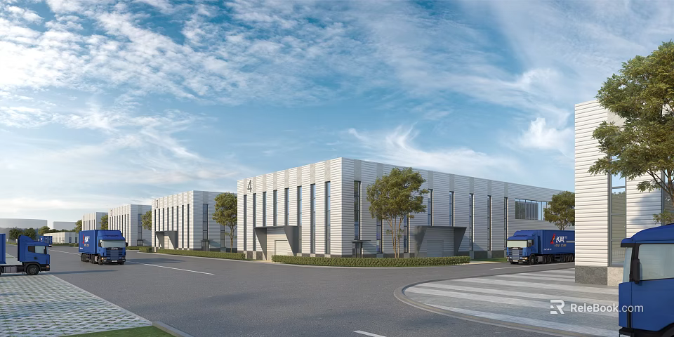 Modern Industrial Factory With Multiple Buildings Landscaping Trucks And Clear Blue Sky 3d model 