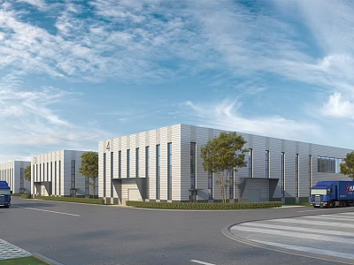 Modern Industrial Factory With Multiple Buildings Landscaping Trucks And Clear Blue Sky 3d model