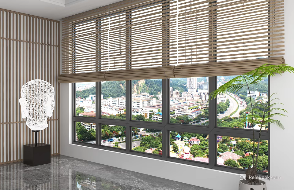Wooden Blinds On Large Windows With City View And Modern Interior Greenery 3d model 