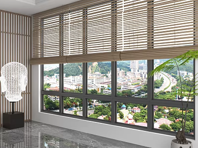 Wooden Blinds On Large Windows With City View And Modern Interior Greenery 3d model