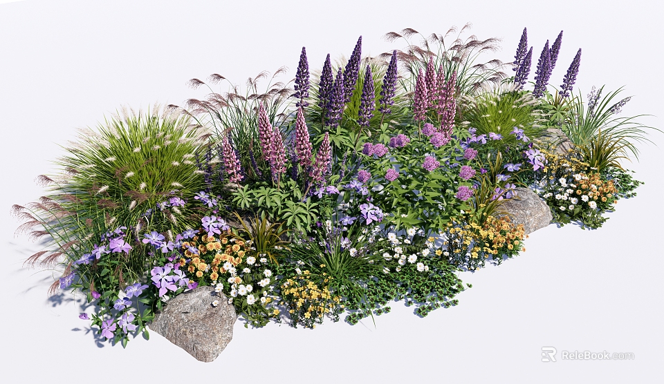 Various Types Of Colorful Flowers And Green Plants With Lush Foliage And Stones 3d model 