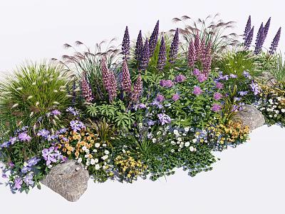Various Types Of Colorful Flowers And Green Plants With Lush Foliage And Stones 3d model