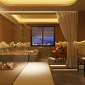 Modern Elegant SPA Sauna Room With Massage Beds Warm Lighting Wooden Decor Plants Orange Chair