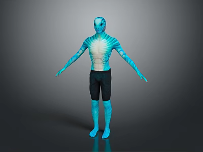 Game Movie Character With Blue Skin Bioluminescent Patterns And Black Shorts 3d model