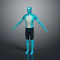 Game Movie Character With Blue Skin Bioluminescent Patterns And Black Shorts