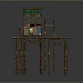 Elevated Scenery Featuring Stilted House Rusty Metal Pillars Wooden Platforms Green Awnings And Colorful Flags