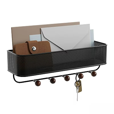 Stylish Decorative Ornament Set with Black Metal Mesh Basket Envelopes Folders and Hooks for Storage 3d model